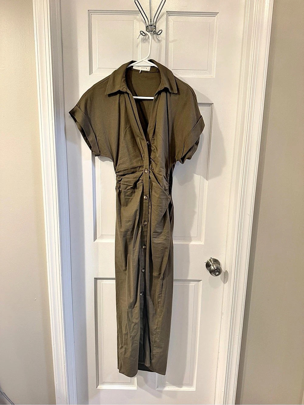 Zara Short Sleeve Button down Dress in Olive- Size Small